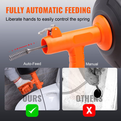 VEVOR 25ft Drain Auger Plumbing Snake – 1/4" Heavy Duty Drum Cable Clog Remover with Drill Adapter, Autofeed Control & Gloves | Clears Kitchen, Bathroom, Shower & Sink Drains | ShopVora CA