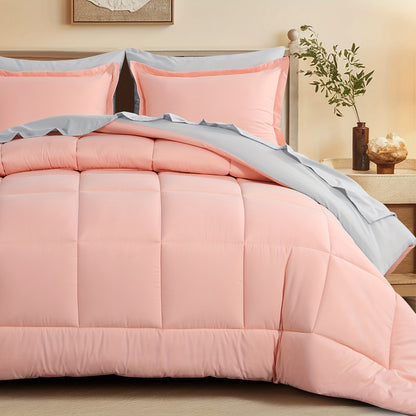 7pcs Reversible Bedding Set Soft Microfiber – Lightweight Breathable Comforter Flat Sheet Fitted Sheet & Pillowcases, All-Season Family Bedding Gift Set