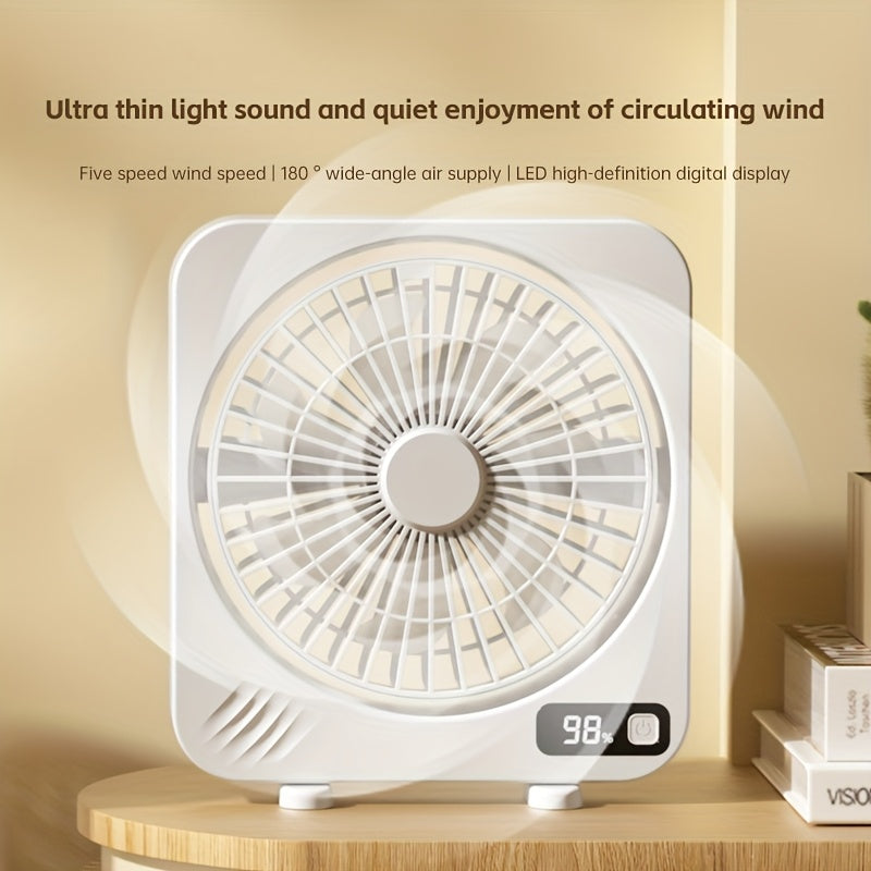 Desktop USB Fan 5-Speed with LED Battery Display, 180° Tilt Adjustment, Quiet Portable Table Fan for Home Office Bedroom Desk – Rechargeable, Black