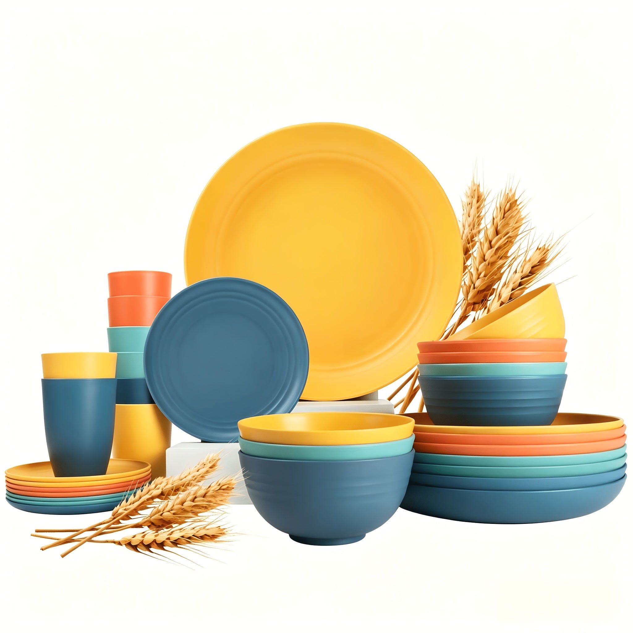 Wheat Straw Dinnerware Set 16 or 32 Piece Unbreakable Dish Set with Plates, Bowls & Cups - Dishwasher Microwave Safe Lightweight Tableware for Camping, Everyday Use & Gifts for Men