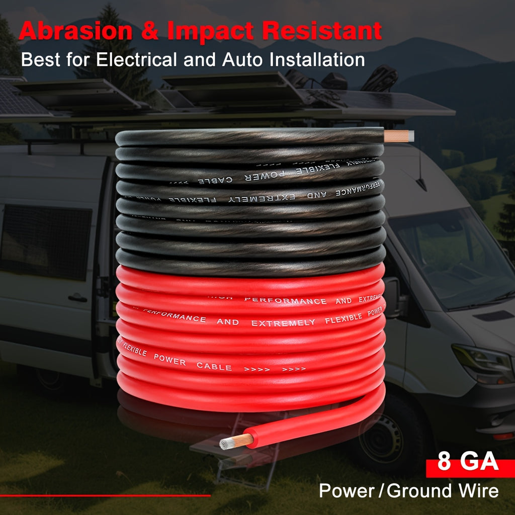 25 Feet of Black And 25 Feet of Red 8 Gauge CCA Wire, Suitable for Automotive Applications, Car Audio Battery Connections, Power And Ground Wiring, Marine Use, Welding, And Electrical Audio Setups for Amplifiers, Without Battery