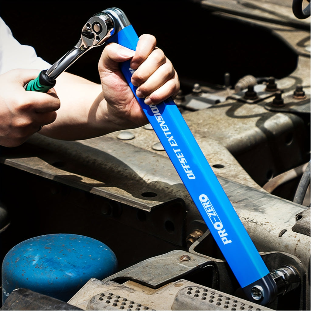 2-in-1 Multi-Function Ratchet Offset Extension Wrench with 1/2", 1/4" and 3/8" Square Head Adapters for Tight Spaces, 180 Degree Swivel, High Torque, Non-Slip Handle, Durable Metal