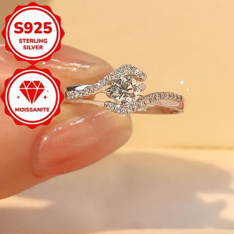 Moissanite 925 Sterling Silver Engagement Ring for Women – Hollowed Twisted Four-Claw Solitaire Design, Elegant Daily Wear & Valentine's Day Gift Ring