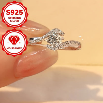 Moissanite 925 Sterling Silver Engagement Ring for Women – Hollowed Twisted Four-Claw Solitaire Design, Elegant Daily Wear & Valentine's Day Gift Ring