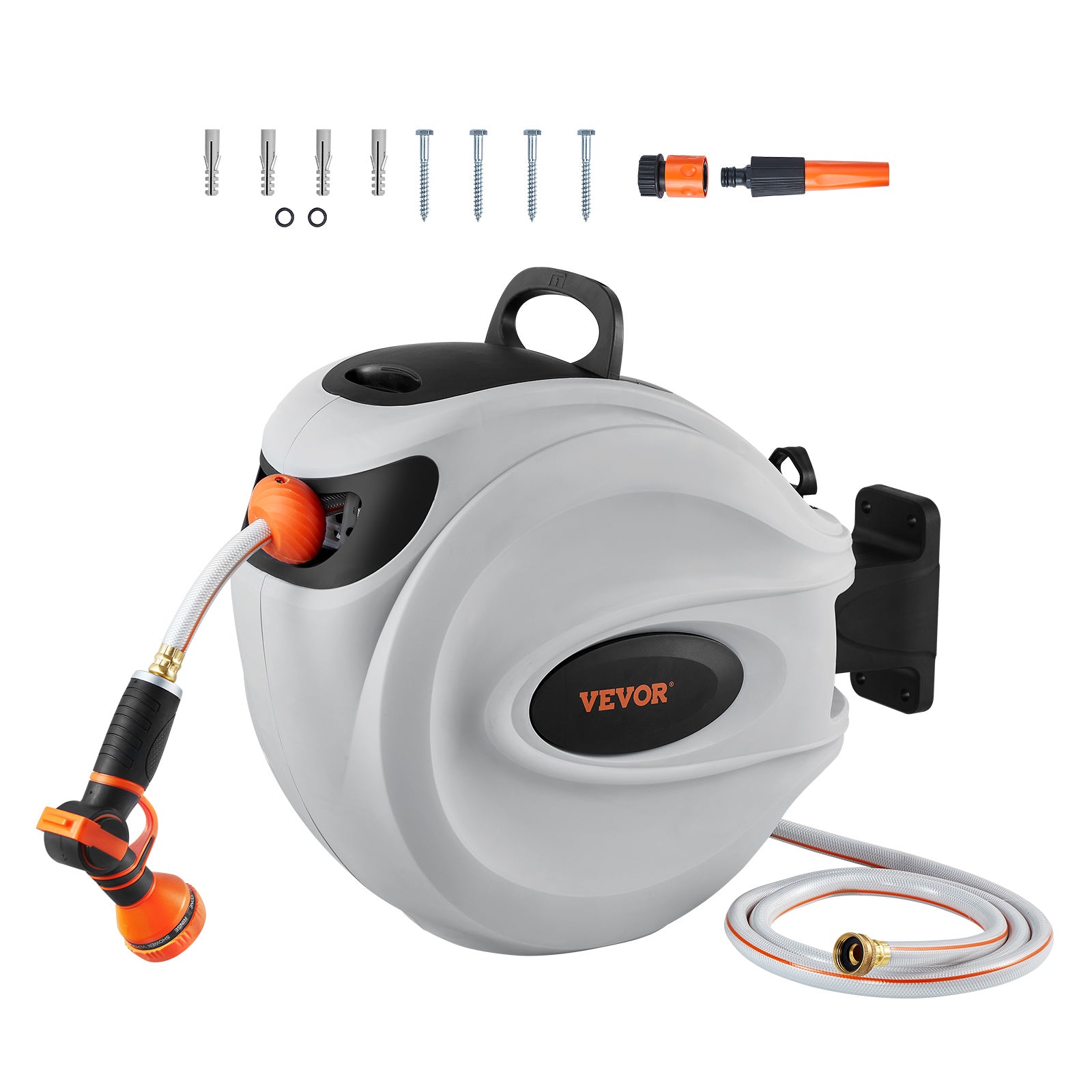 Retractable Hose Reel Wall Mounted 180° Swivel - Auto Rewind Garden Water Hose Reel 65 to 130 Ft with 9-Pattern Nozzle, Locking System & All-Weather Shell for Lawn, Car Wash & Pet Cleaning
