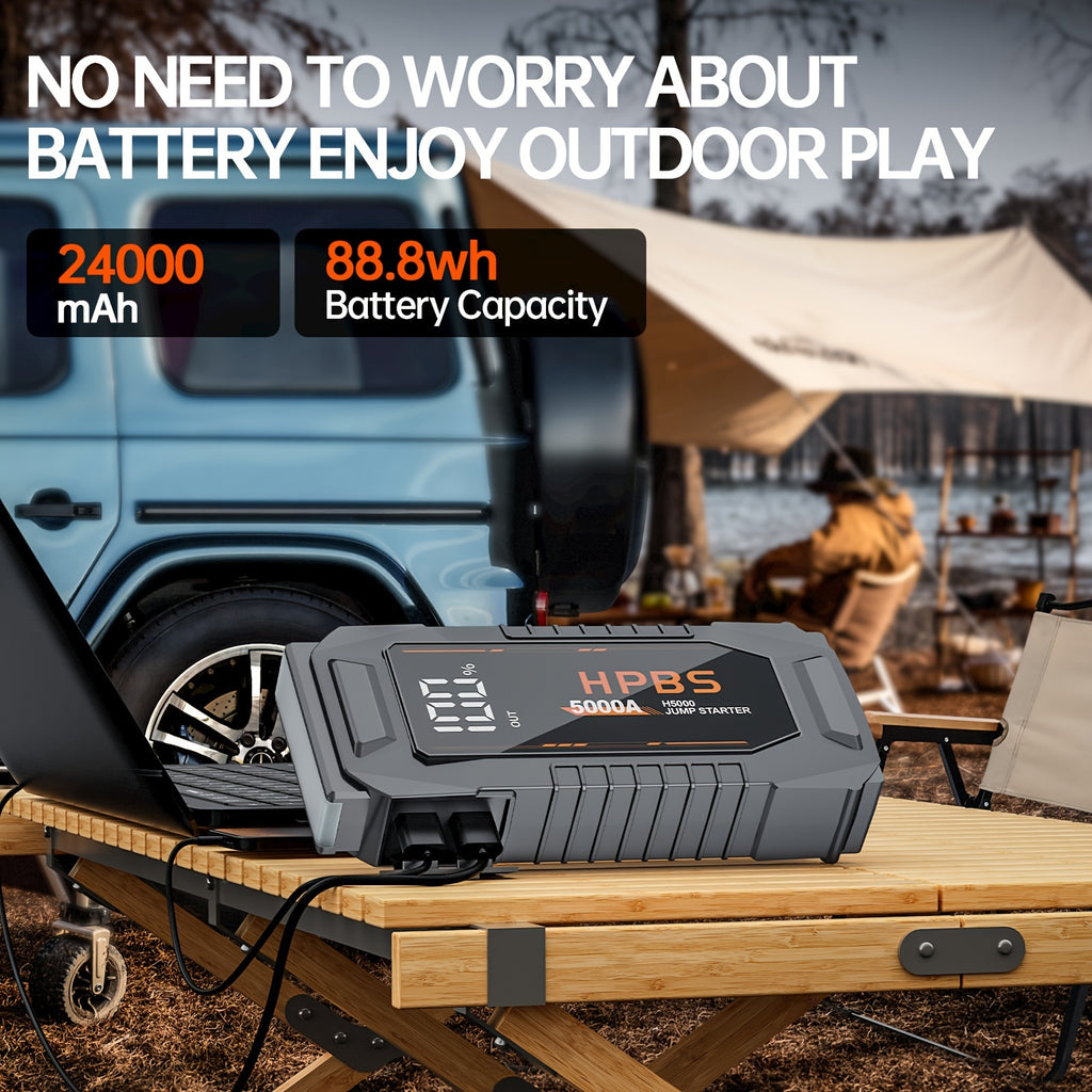 HPBS 5000A Jump Starter Battery Pack With 24000mAh Power Bank, 12V Battery Booster Charger For All Gas And 2.64gal Diesel Engines-Motorcycle, Car, SUV, PICK-UP, Truck, Quick Start Dead Battery, Multi-functional Flashlight For Outdoor Adventures