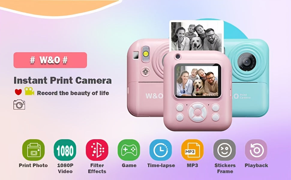 Pink/Blue New Instant Print Camera, 1080P 2.4 Inch Screen Instant Camera With 3 Rolls Print Paper & 32GB Card, Rechargeable Battery, Type-C Port, Birthday And Christmas Gifts