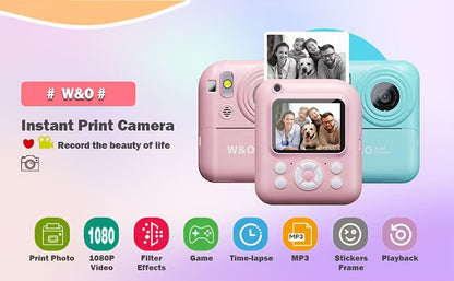 Instant Print Camera 1080P HD – 2.4" Screen, 3 Rolls Print Paper & 32GB SD Card Included, Rechargeable Battery, Type-C Charging, Pink & Blue – Birthday & Christmas Gift for Teens & Adults