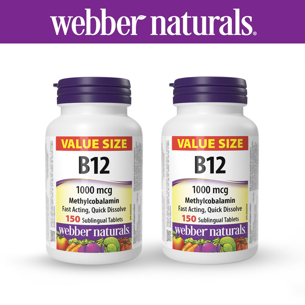 2 Bottles - Vitamin B12 1000 mcg, Bioactive Form, Quick Dissolve 150 Tablets, red blood cell formation, energy metabolism, immune function, Webber Naturals