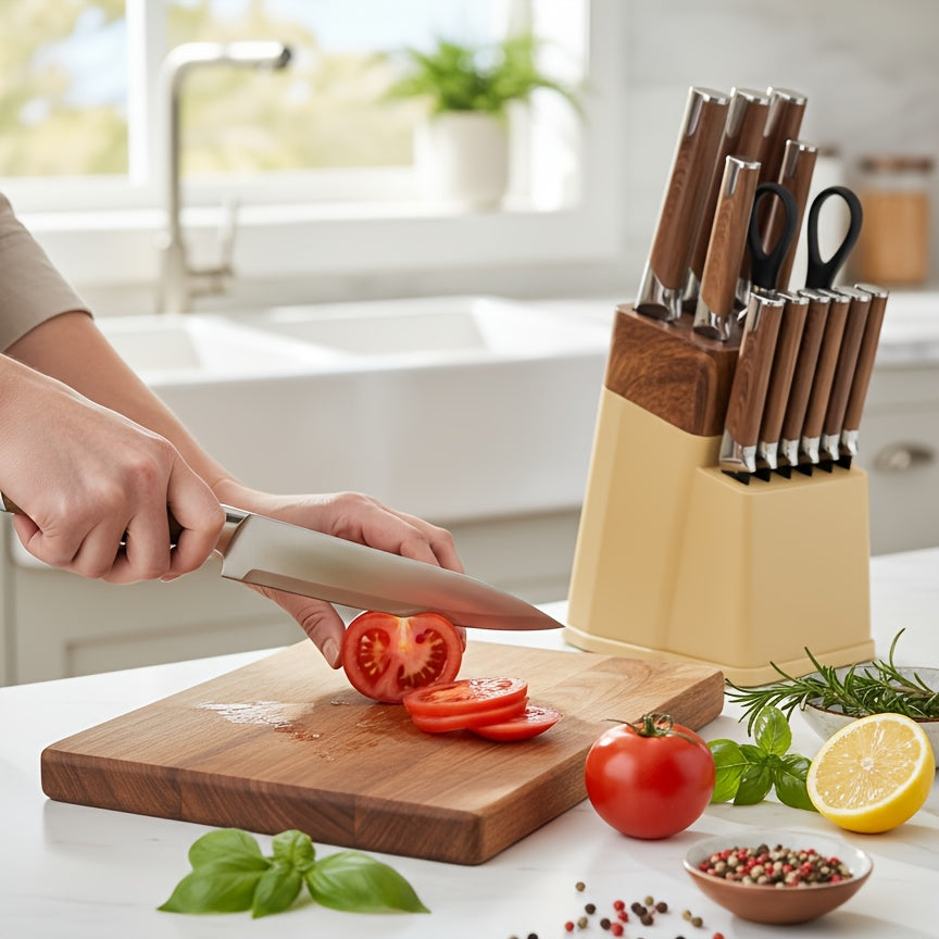 13pcs All-in-One Kitchen Knife Set with Holder - Includes 6 Steak Knives, Chef Knife, Bread Knife & Scissors - Perfect Housewarming Gift for New Home - Sharp & Durable Cooking Tools