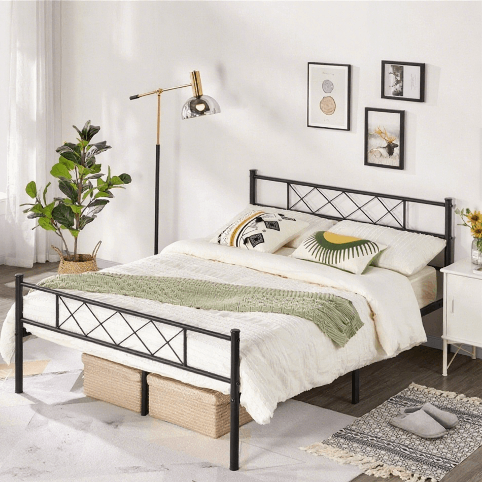 Metal Platform Bed Frame with Cross Design Headboard and Footboard - Industrial Style, 12 Metal Slats, Under-Bed Storage, Twin Full Queen, Black or White, for Bedroom Dorm Apartment Canada
