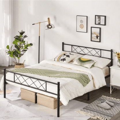 Metal Platform Bed Frame with Cross Design Headboard and Footboard - Industrial Style, 12 Metal Slats, Under-Bed Storage, Twin Full Queen, Black or White, for Bedroom Dorm Apartment Canada