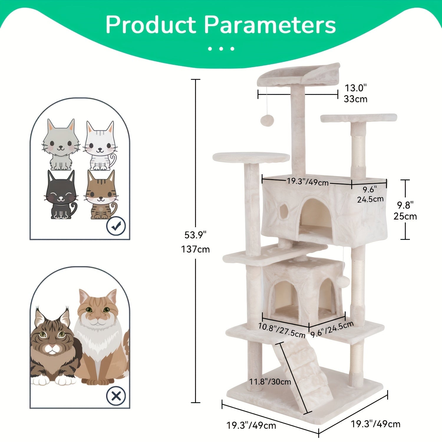 Cat Tree 54-Inch Multi-Level Indoor Cat Tower – House-Style Cat Condo with Scratching Posts, Activity Center & Playful Toys for Indoor Cats