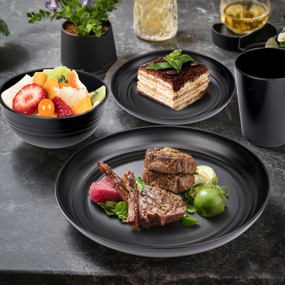 16/32pcs Plastic Dinnerware Set, Dinner Plates, Dessert Plates, Cereal Bowls & Cups, Dishwasher & Microwave Safe, Durable Lightweight – Camping, Family, RV & Outdoor Use – Black, White, Multicolour