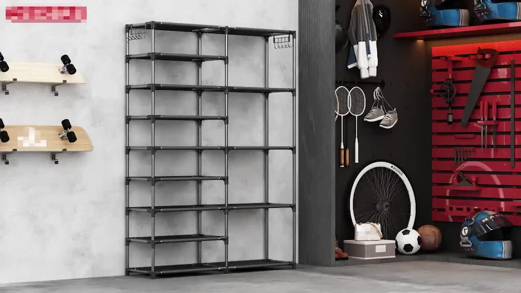 9-layer shoe rack, large capacity independent shoe rack, suitable for garages, bedrooms, and entrances, heavy-duty vertical shoe rack with two rows of multifunctional hooks, black shoe rack, can store 24-35 pairs of shoes