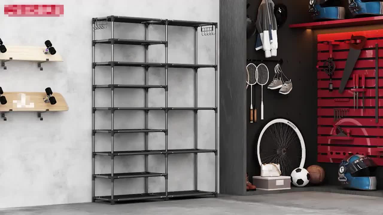 9-layer shoe rack, large capacity independent shoe rack, suitable for garages, bedrooms, and entrances, heavy-duty vertical shoe rack with two rows of multifunctional hooks, black shoe rack, can store 24-35 pairs of shoes