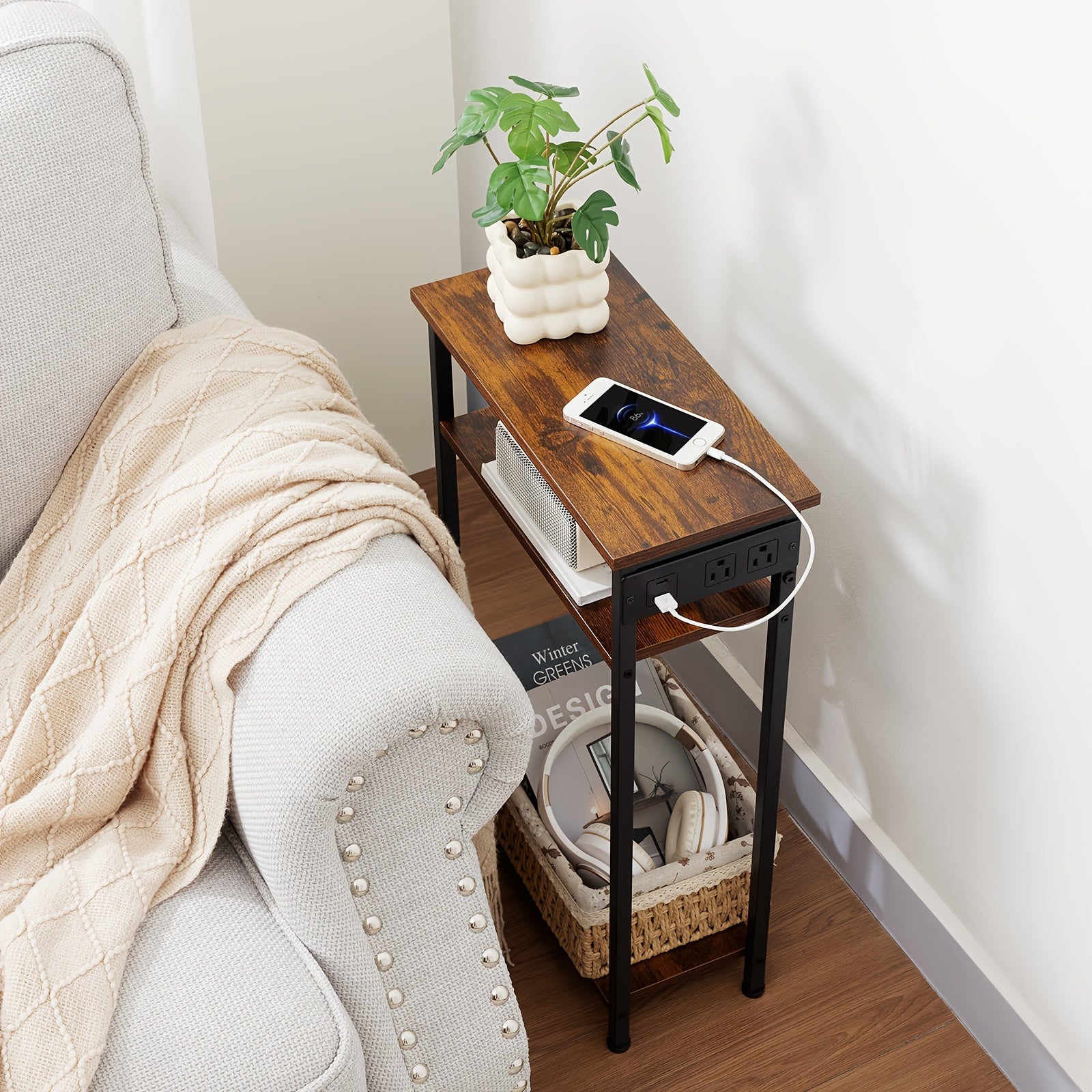 MANAGEABLE 1pc/2pcs Narrow Side Table with Charging Station, Small End Tables for Small Space, 3 Tier Slim Night Stand, Skinny Sofa Beside Table with Storage Shelf