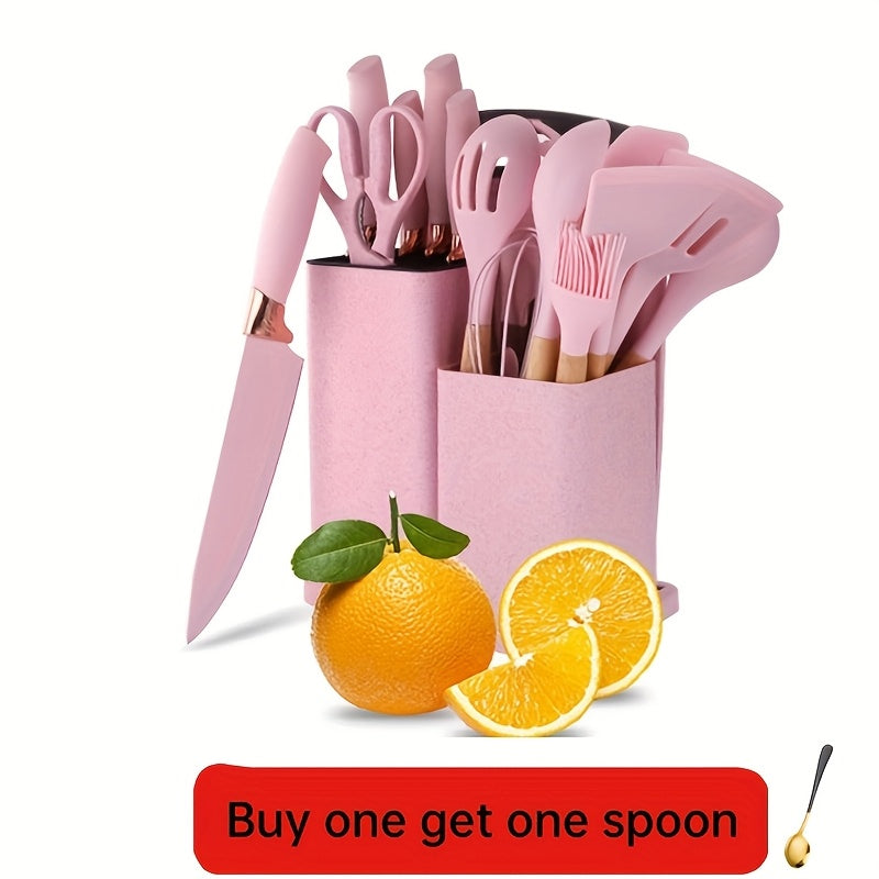 19-Piece Silicone Kitchen Utensils & Stainless Steel Knife Set with Block – Cooking Tools, Chef Knives, Scissors, Whisk, Tongs & Cutting Board