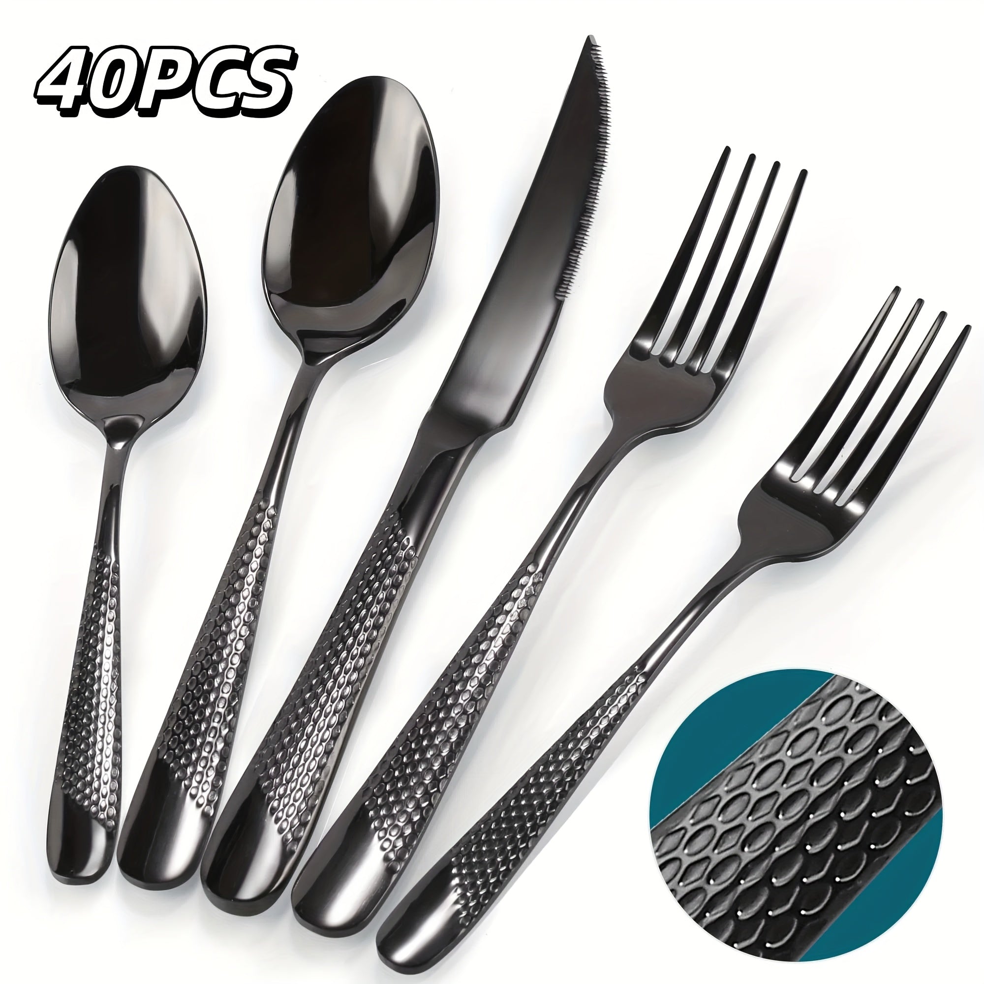 Hammered Stainless Steel Flatware Set 40-Piece – Service for 8 with Knives, Forks & Spoons | Mirror Polished Professional Cutlery, Dishwasher Safe | Silver, Rose Gold & Black | ShopVora CA