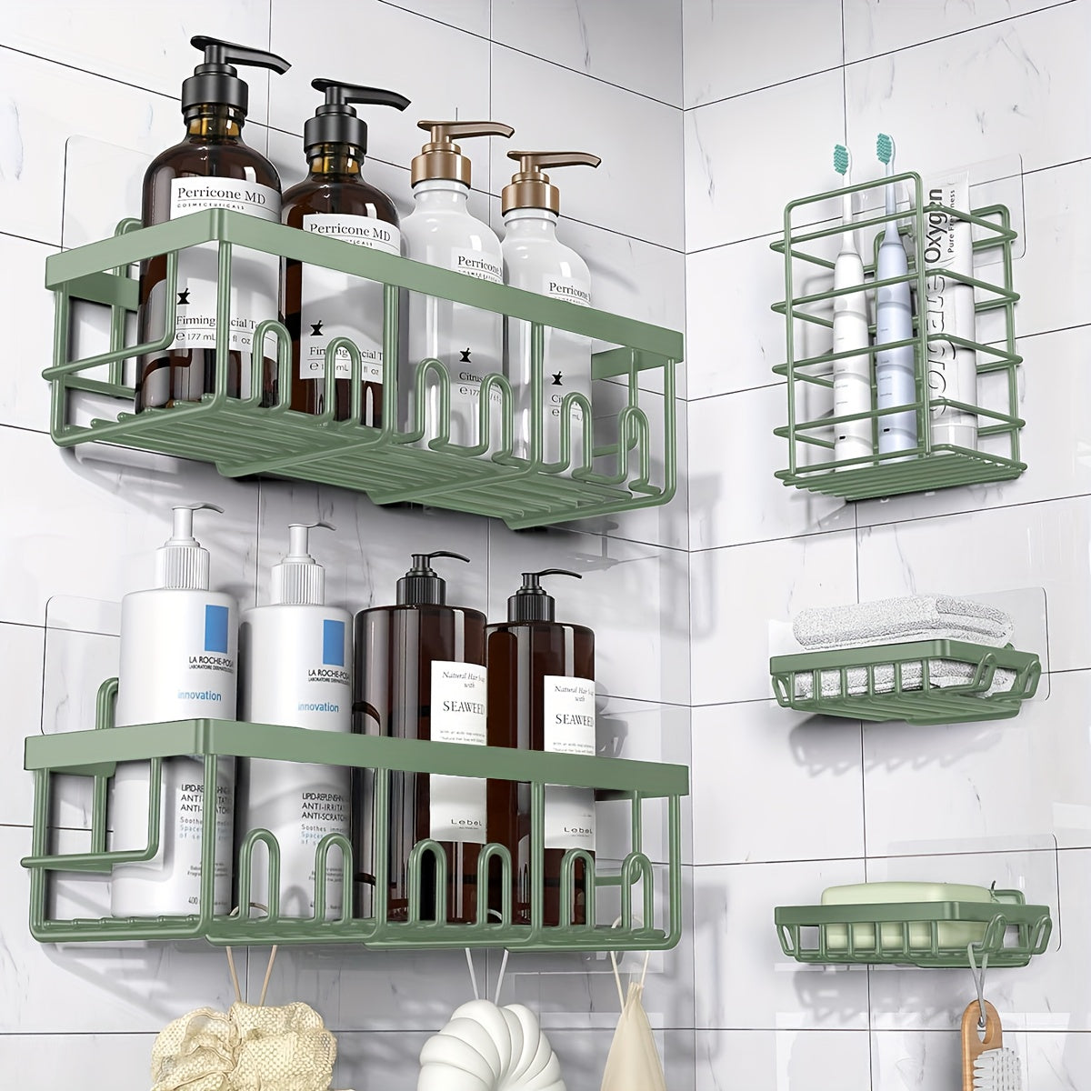 Adhesive Shower Caddy Organizer 5-Pack – No Drilling Rustproof Stainless Steel Shower Shelves with Soap Holder, Wall-Mounted Bathroom Storage Rack for Renters & Families