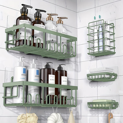 Adhesive Shower Caddy Organizer 5-Pack – No Drilling Rustproof Stainless Steel Shower Shelves with Soap Holder, Wall-Mounted Bathroom Storage Rack for Renters & Families