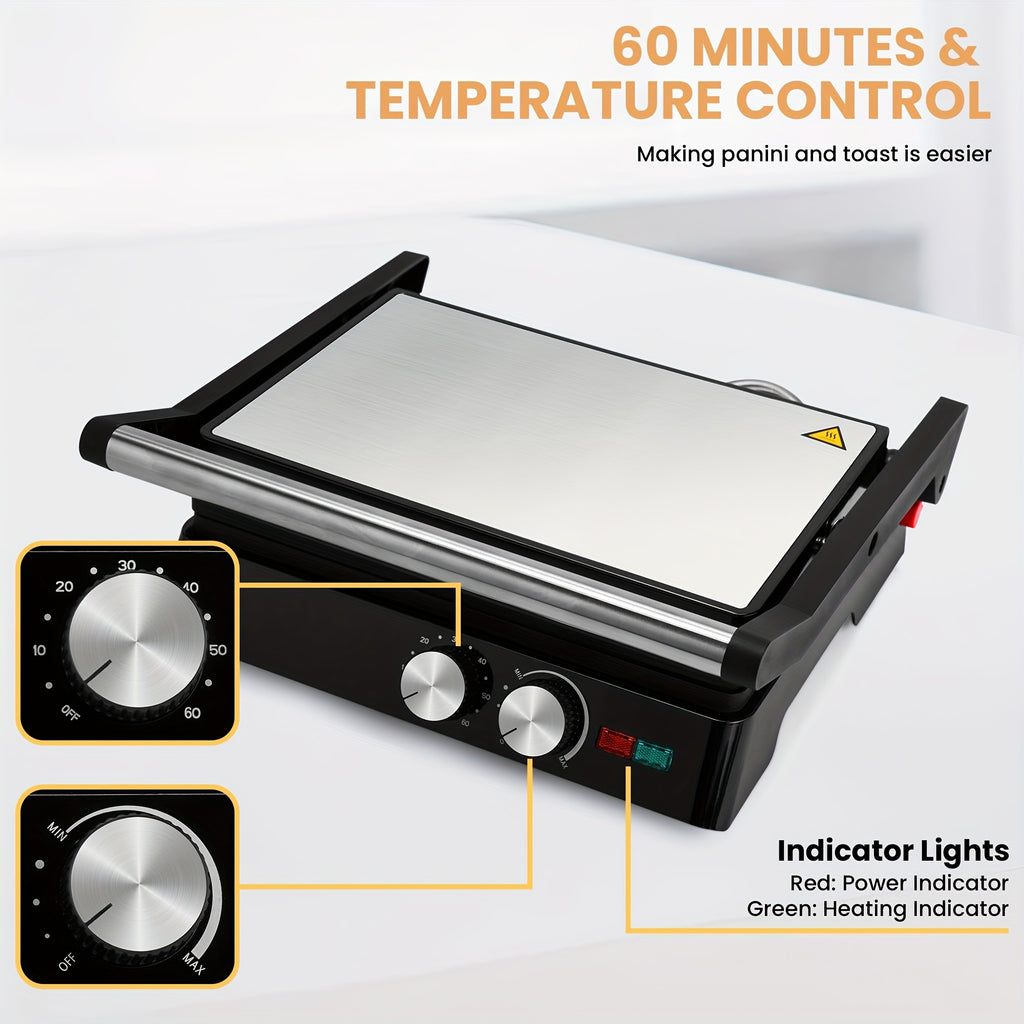 3-in-1 Electric Indoor Grill & Panini Press with Non-Stick Stainless Steel Plates, 180° Opening Angle, Floating Hinge & Grease Tray - 120V Plug-in Sandwich Maker with Preheat Indicator Light, Compact Design for Burgers, Steaks