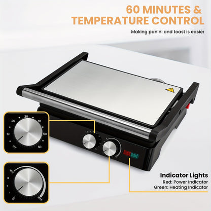 Electric Contact Grill 3-in-1 Indoor Panini Press & Sandwich Maker with Non-Stick Stainless Steel Plates, 180° Opening, Floating Hinge, Grease Tray & Preheat Indicator – Compact Countertop Grill for Burgers, Steaks & Wraps