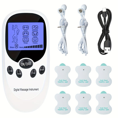TENS + EMS Dual Channel Pulse Massager with 8 Electrodes – Portable Pain Relief Device, Therapeutic EMS Muscle Stimulator, Ergonomic Compact Design for Back Neck Shoulder