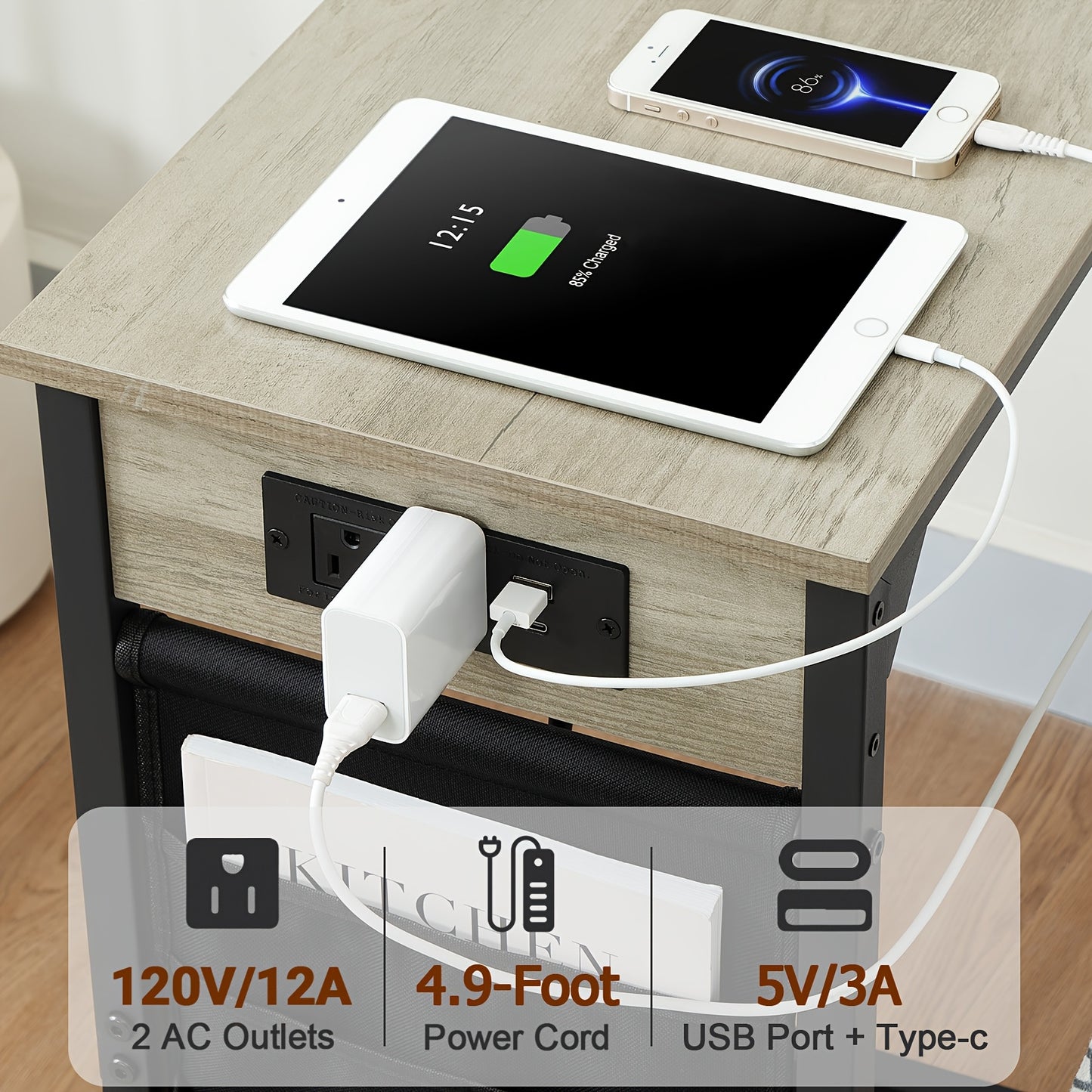 C Table Set of 2 with Charging Station & Storage Bag – Slide Under Sofa Side Table with 2 USB Ports & 2 Outlets, TV Tray Couch End Tables for Living Room