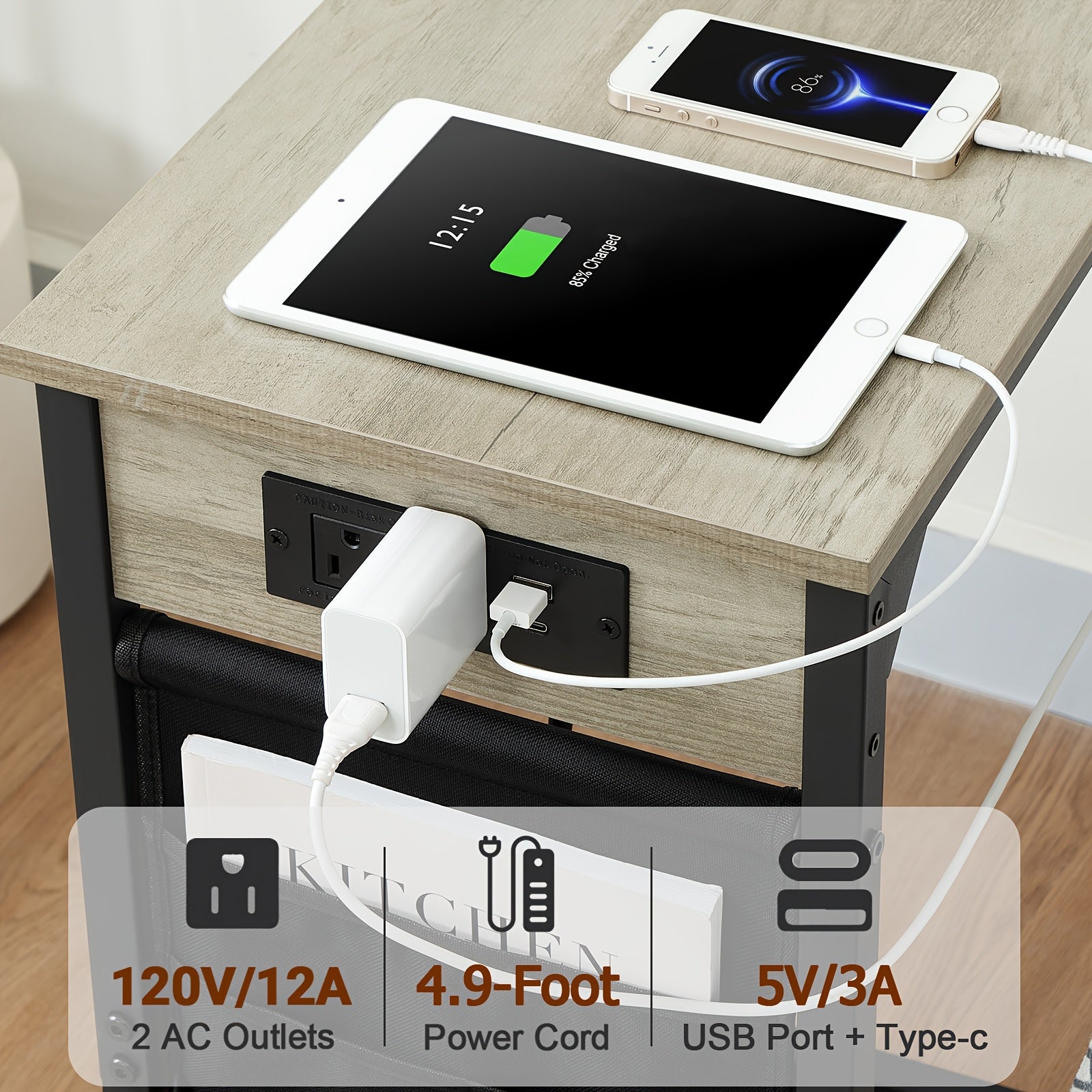 AMHANCIBLE C Shaped End Table with Charging Station, TV Tray Set Of 2, Couch Tables with Storage Bag, Slide Under Sofa Side Table with USB