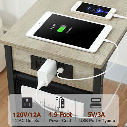 C-Shaped End Table Sofa Side Table with Metal Frame – Small Snack Table for Living Room Bedroom Bedside, Optional Charging Station, Set of 1 or 2