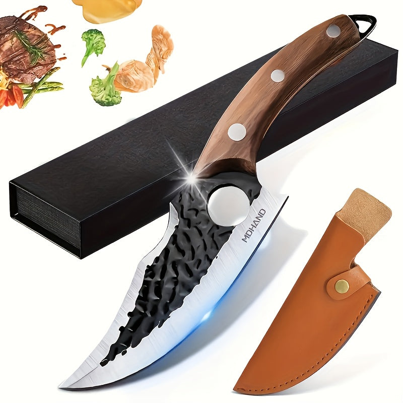 Hand-forged Chef's Knife with Hammered Pattern, Full-tang Curved Handle, Includes Leather Sheath And Gift Box; Ideal for Meat, Fish, Vegetables, Professional Outdoor Use, Stylish, Sturdy Riveted Handle