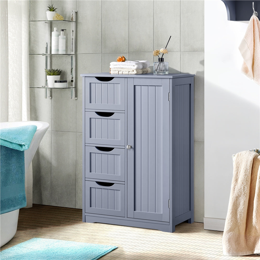 Freestanding Wooden Bathroom Cabinet with 4 Drawers & Cupboard, Modern Storage Organizer for Kitchen Living Room Entryway, Multi-Tier Freestanding Furniture for Home, White Gray, Canada