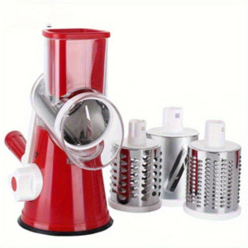 Rotary Cheese Planer Hand Crank Cheese Shredder Fresh Cheese, Vegetables, Nuts, Non-slip Suction Base, Free Cleaning Brush Three Blades, Red