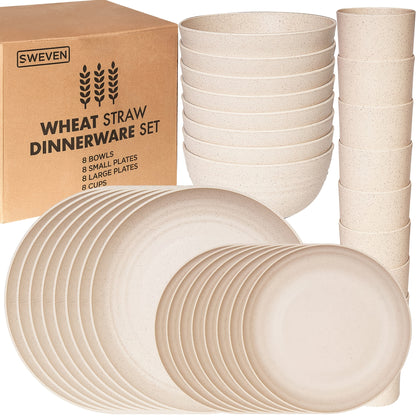16/32pcs Plastic Dinnerware Set, Dinner Plates, Dessert Plates, Cereal Bowls & Cups, Dishwasher & Microwave Safe, Durable Lightweight – Camping, Family, RV & Outdoor Use – Black, White, Multicolour