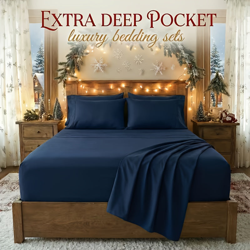 4/6pcs Luxury Soft Sheet Set - Bamboo Cooling Blend Bed Sheets for Queen Size Bed, Secure-Fit Deep Pocket Sheets with Elastic, Breathable Hotel Sheets & Pillowcase Set for Room Decor