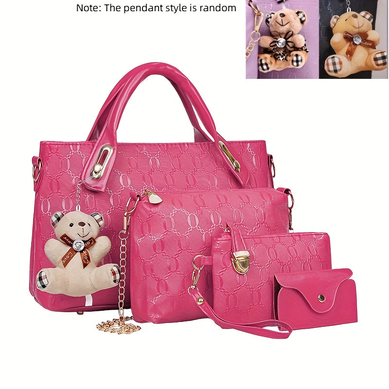 Embossed Women's 4-Piece Bag Set – Large Capacity Tote, Shoulder Crossbody Handbag with Bear Pendant | Retro Casual Style for Daily Commuting, Travel & Birthday Gifts | 9 Colours