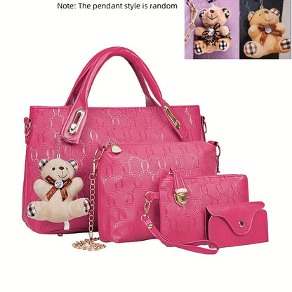 Embossed Women's 4-Piece Bag Set – Large Capacity Tote, Shoulder Crossbody Handbag with Bear Pendant | Retro Casual Style for Daily Commuting, Travel & Birthday Gifts | 9 Colours
