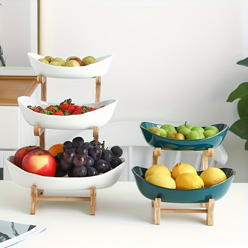 Wooden Fruit Stand 2 & 3-Tier – Art Deco Style Multi-Purpose Snack Tray, Candy & Fruit Display Pedestal for Living Room & Kitchen | Elegant Home Decor Organizer | White & Green | ShopVora CA