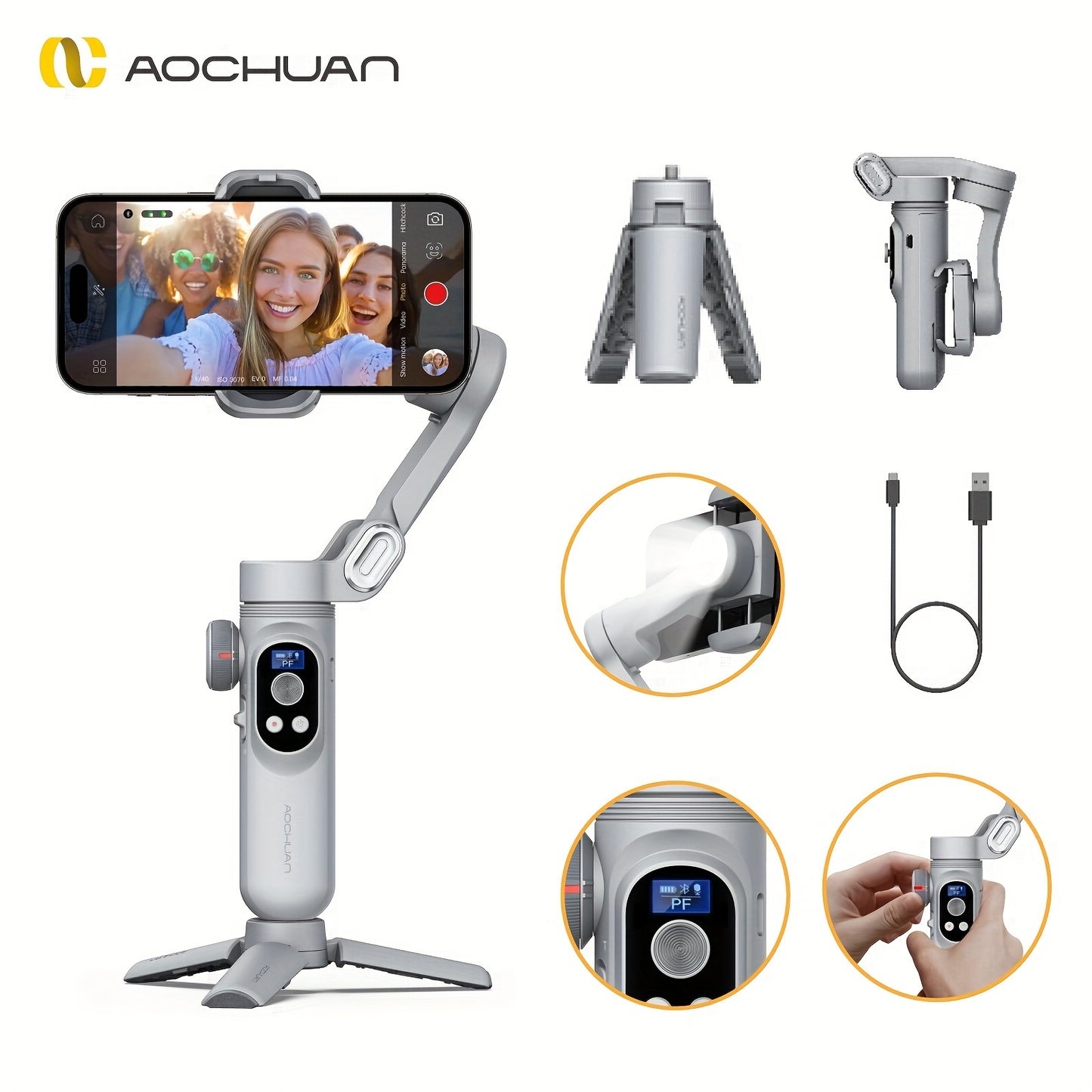 AOCHUAN Smart Xpro 3-Axis Phone Gimbal Stabilizer – Foldable Vlog Tripod with Built-in Fill Light, Wireless Charging, App Control, Anti-Shake for Outdoor Sports & Content Creation Canada