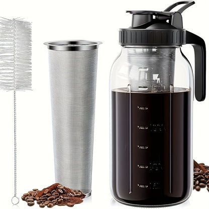 Cold Brew Coffee Maker Mason Jar Jug with Lid – Chilled Coffee Brewer for Smooth Iced Coffee & Cold Brew at Home, Airtight Seal, Easy to Use