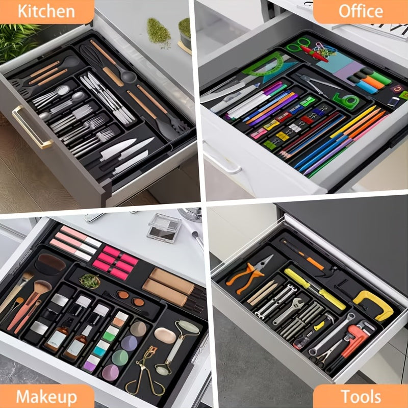 9-Compartment Heavy-Duty Plastic Drawer Organizer with Adjustable Cutlery Storage - Retractable Knife Holder, Fork & Spoon Compartments