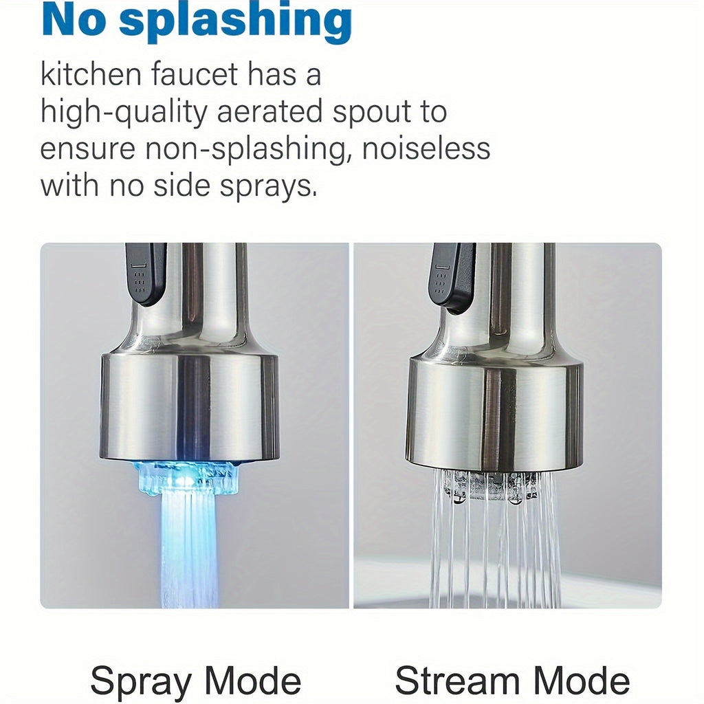 1 Set Modern Kitchen Faucet with Spring LED Pull Down Sprayer, 360° Rotation, Hot & Cold Water Mixer Sink Tap for Home & Balcony, Single Handle One Hole Commercial Kitchen Sink Faucet with Deck Plate, High Arc, Brushed Nickel