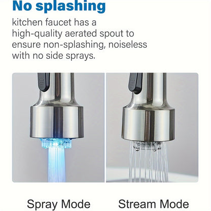 LED Spring Kitchen Faucet with Pull-Down Sprayer – 360° Rotation, Single Handle High Arc, Hot & Cold Mixer, Deck Plate Included, Brushed Nickel / Matte Black / Brushed Gold