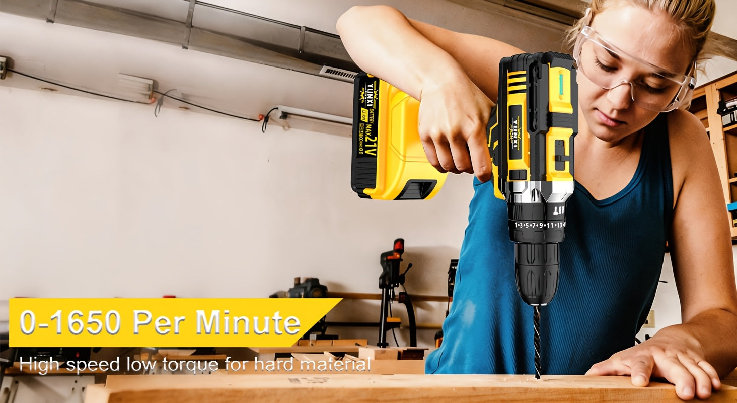 21V Household Multifunctional Cordless Drill, Tool Box Set, Power Tool, Equipped with High-Capacity Battery And Fast Charger, Drill Bit, Toolbox (Optional). Suitable for Gardening, Home Decoration, Outdoor Maintenance, And Handmade Production