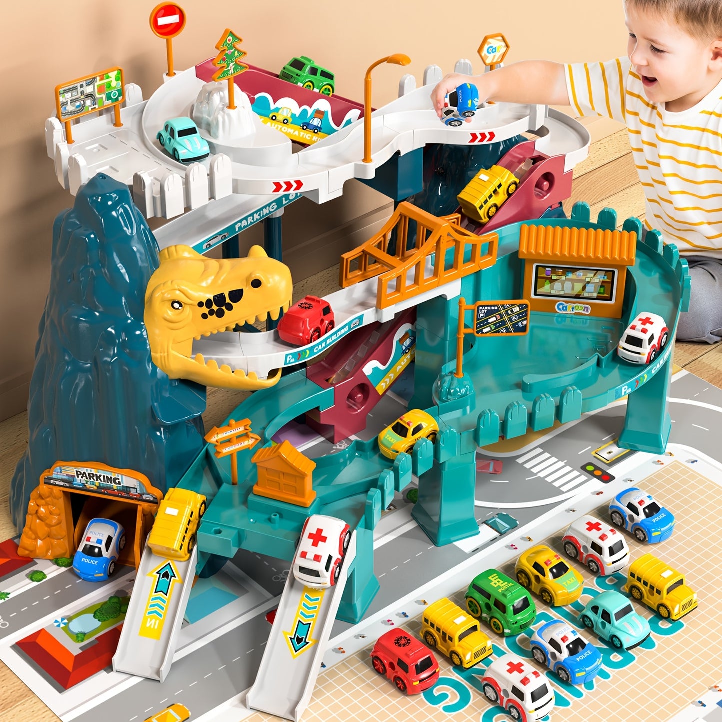 Dinosaur Race Track Toy for Kids with 10 Cars – Car Ramp Track Dinosaur Playset for Boys & Girls, Fun Racing Toy for Toddlers, Best Birthday & Christmas Gift for Kids