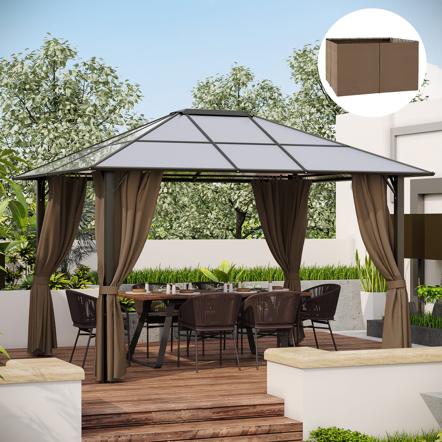 Gazebo Privacy Curtains 4-Panel with Zipper – Replacement Side Panels for 10’x12’ Gazebo or Pergola, Durable Polyester Fabric, Hooks & C-Rings Included, Wind & Sun Protection – Brown