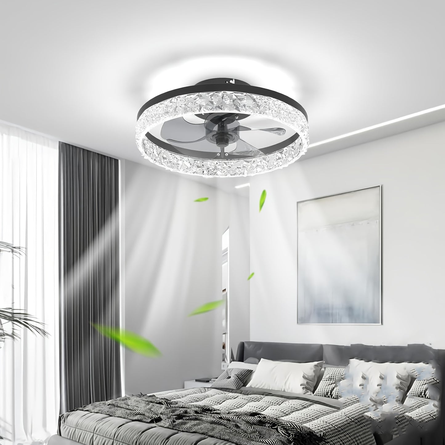 20-Inch Bladeless Ceiling Fan with Light & Remote – Flush Mount Fandelier, Dimmable LED 3000K–6500K, Whisper-Quiet, White & Black, for Bedroom & Living Room Canada