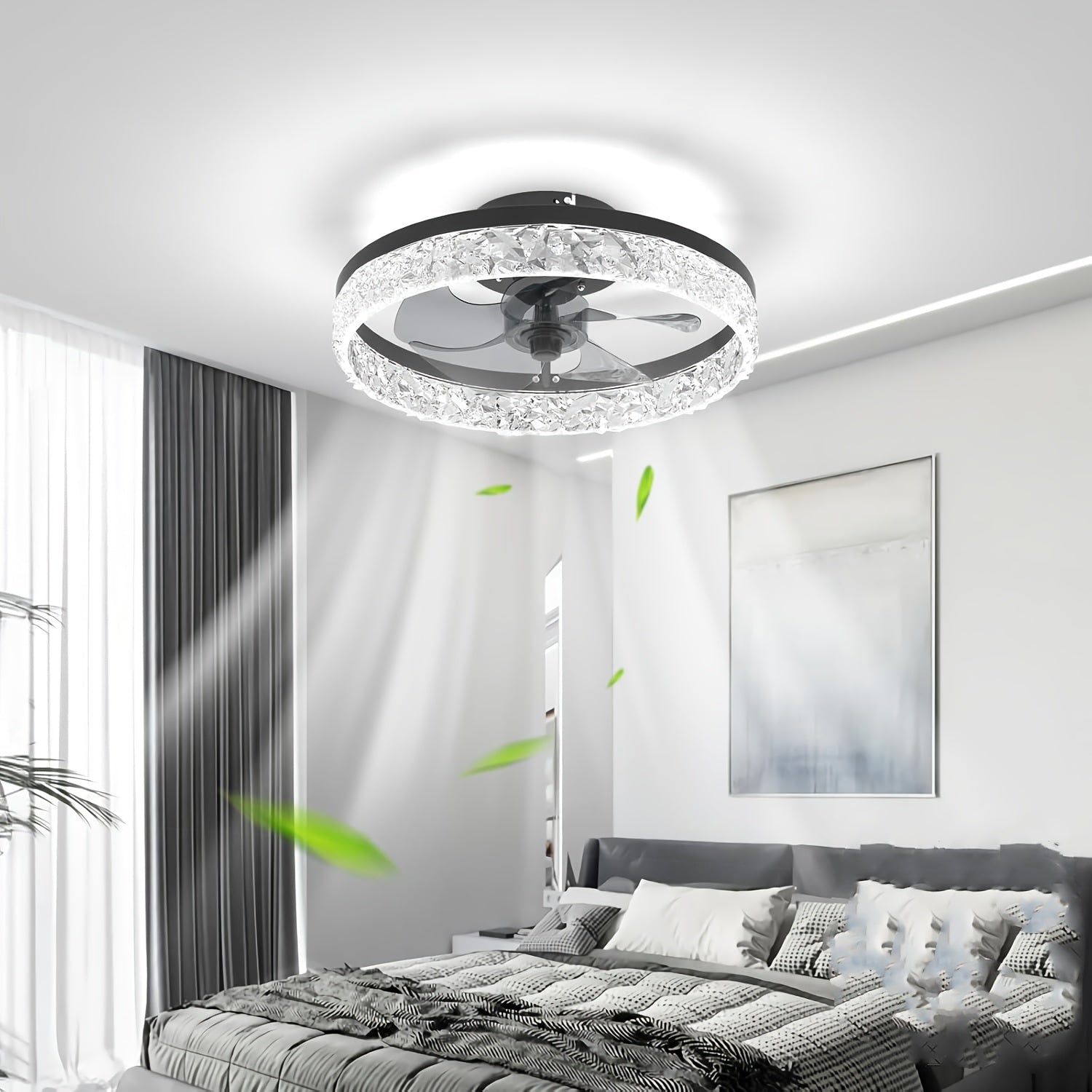 20-Inch Bladeless Ceiling Fan with Light & Remote – Flush Mount Fandelier, Dimmable LED 3000K–6500K, Whisper-Quiet, White & Black, for Bedroom & Living Room Canada