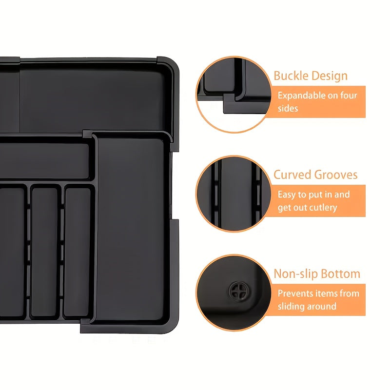 9-Compartment Heavy-Duty Plastic Drawer Organizer with Adjustable Cutlery Storage - Retractable Knife Holder, Fork & Spoon Compartments
